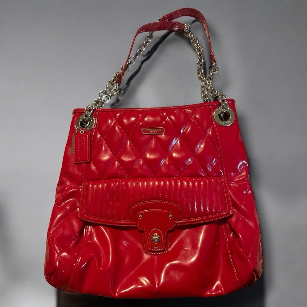 Coach Cherry Red Poppy Quilted Patent Leather Shoulder Bag Rare